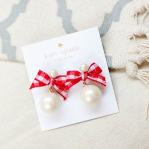 kate spade faux pearl red check bow tie knot cute statement earrings